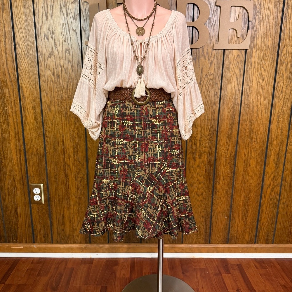 Brown Flared Midi Skirt Ann Taylor Loft Women 00P  Whimsigoth Boho Dark Academia